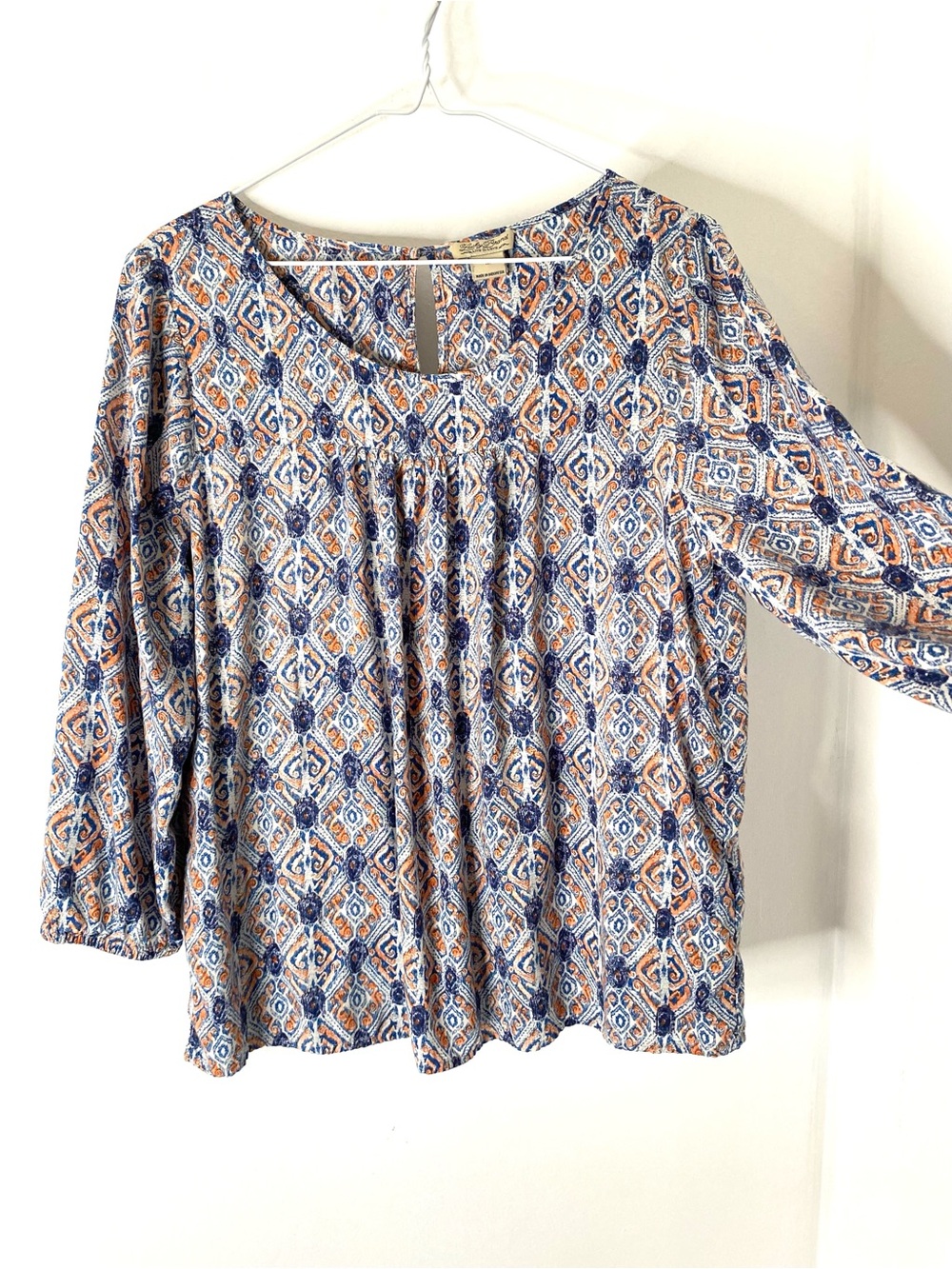 Lucky Brand Boho Peasant Blouse Blue Orange Medallion Print Rayon Top - Picture 3 of 7